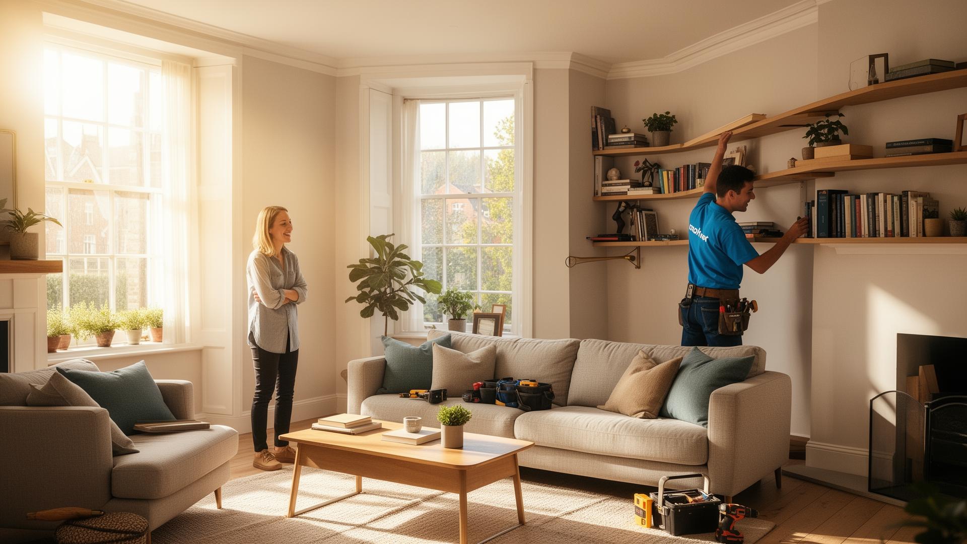 A friendly tasker fitting shelves in a bright UK living room while the homeowner watches and smiles